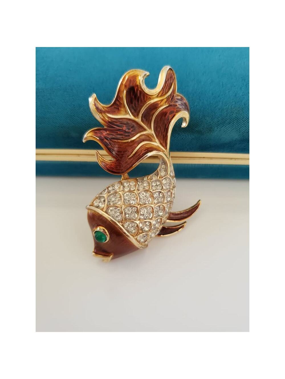 Vintage CROWN TRIFARI Signed Amber Enamel Crystal Rhinestone Gold Fish Brooch